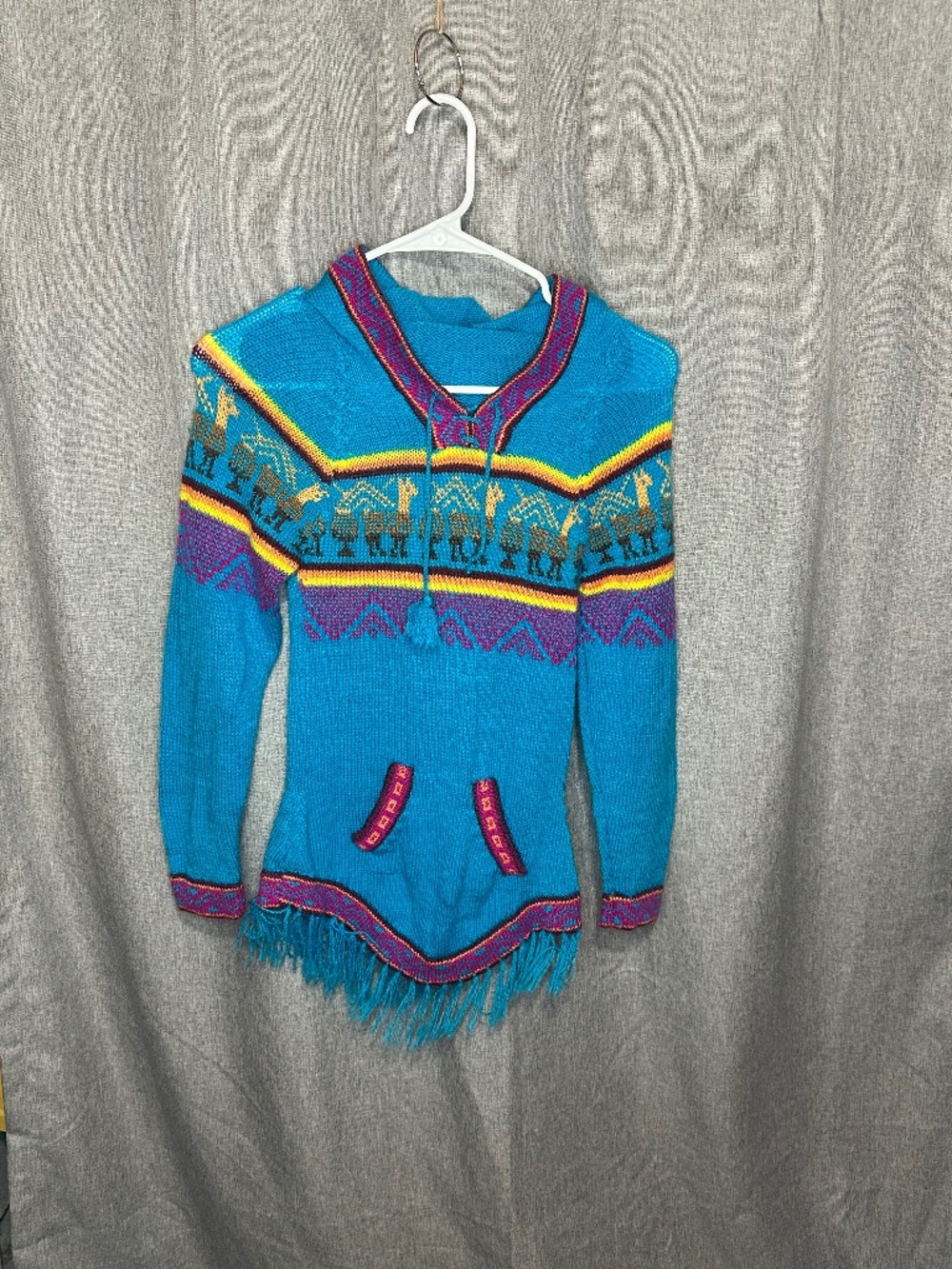 Vintage Peruvian 100% Alpaca Wool Llama Fringe Hooded Sweater Turquoise Size 8